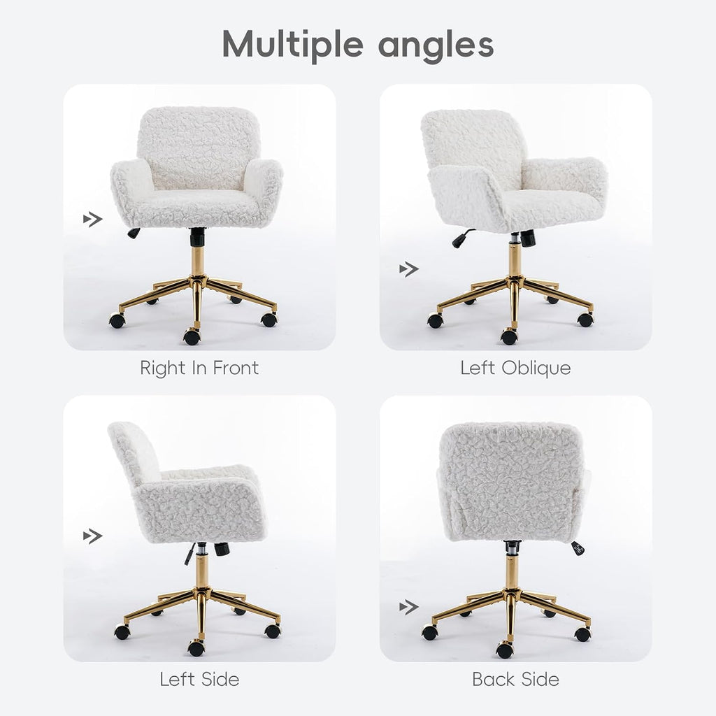 Plush Faux Fur Desk & Vanity Chair with Gold Base – Comfy Adjustable Girls Desk Chair, Makeup Chair, 360° Swivel, Tilt Backrest, Rolling Wheels – Modern Chic Home Office Seating,White