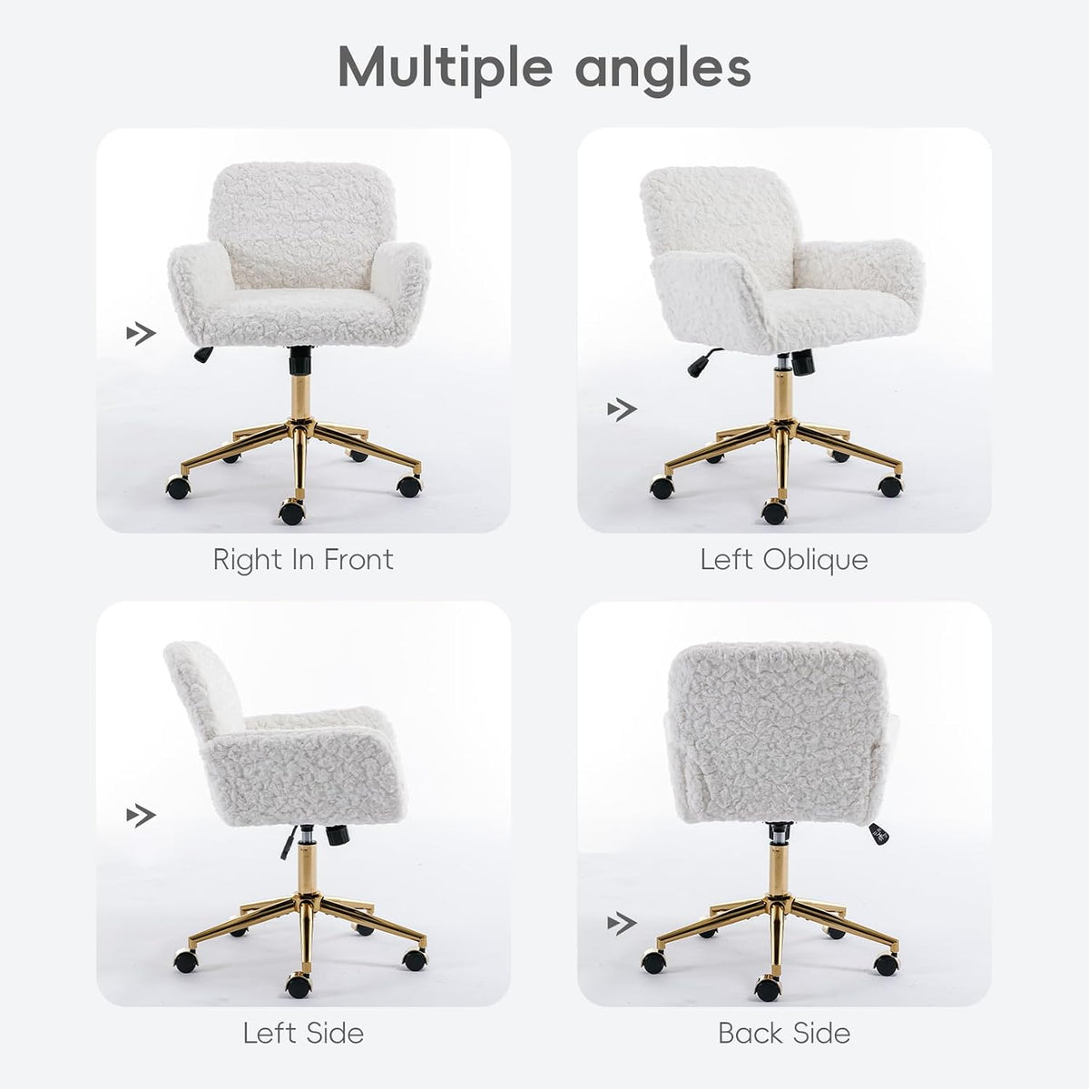 Plush Faux Fur Desk & Vanity Chair with Gold Base – Comfy Adjustable Girls Desk Chair, Makeup Chair, 360° Swivel, Tilt Backrest, Rolling Wheels – Modern Chic Home Office Seating,White