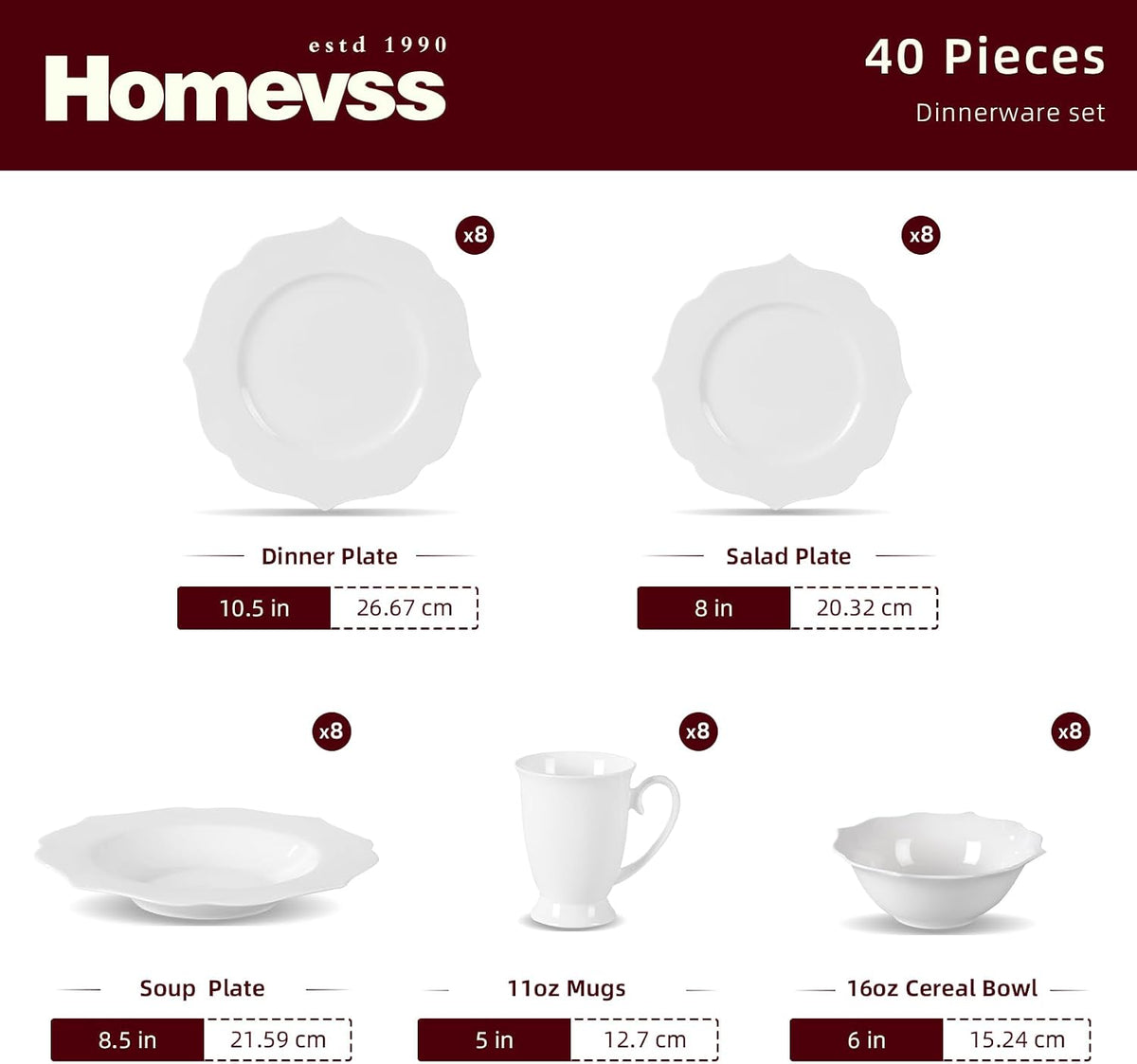 HomeVss, New Bone China Dinnerware Set, Embossed Lotus Design, 40pc Set