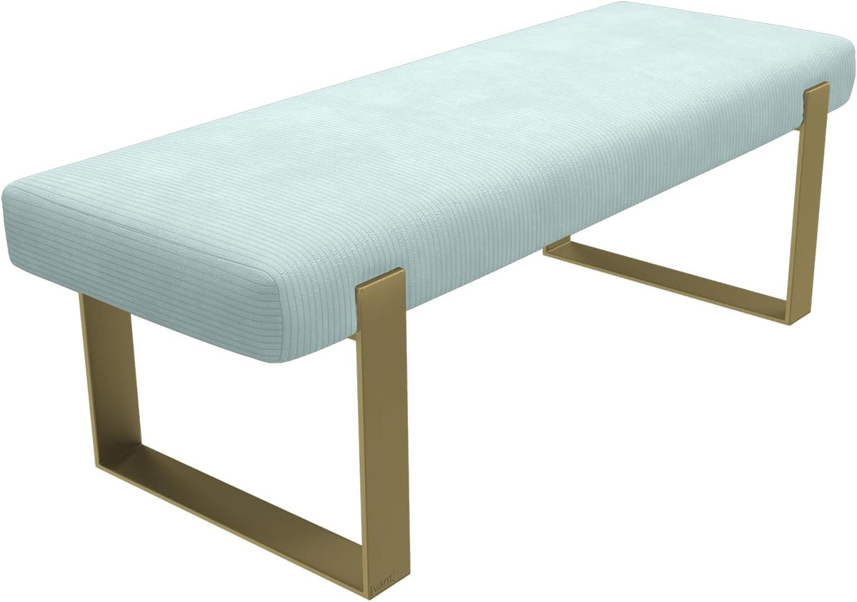 VANT Upholstered Bed Bench - Ribbed Iceland Blue - Burnished Brass - Contemporary Modern, Bedroom Bench Seat, Hallway, or Entryway