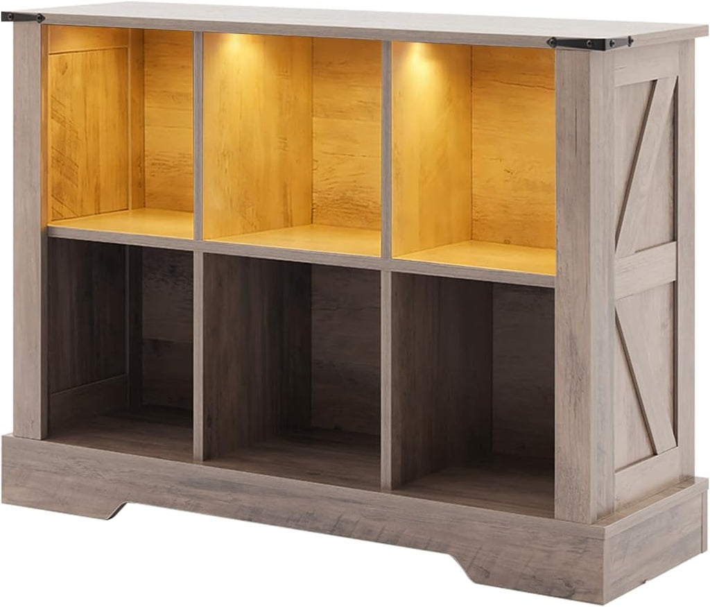 6 Cube Storage Organizer, Wood Cube Bookshelf with LED Lights, Horizontal Storage Cubes, Kids Bookshelf, Display Cabinet Cubby Shelf for Living Room Home Office Bedroom, Grey