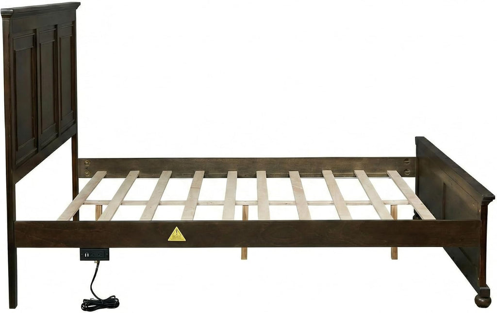Queen Size Solid Wood Platform Bed Frame,Wood Bed with USB Charging Station, Solid Wood Leg/No Box Spring Needed/Noise Free/Brown