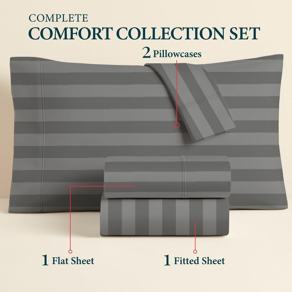 100% Egyptian Cotton Sheet Set Queen Size - Luxury 1500 Series Prestige Collection Damask Queen Sheet Set (4 PC, Dark Grey Stripe), Soft Cooling, Sateen Weave Sheets, 17' Deep Pocket