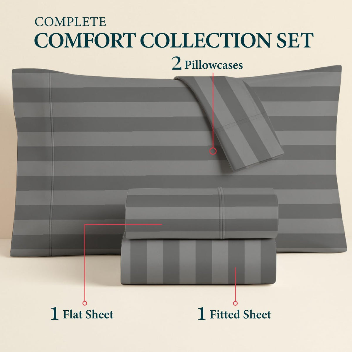 100% Egyptian Cotton Sheet Set Queen Size - Luxury 1500 Series Prestige Collection Damask Queen Sheet Set (4 PC, Dark Grey Stripe), Soft Cooling, Sateen Weave Sheets, 17' Deep Pocket