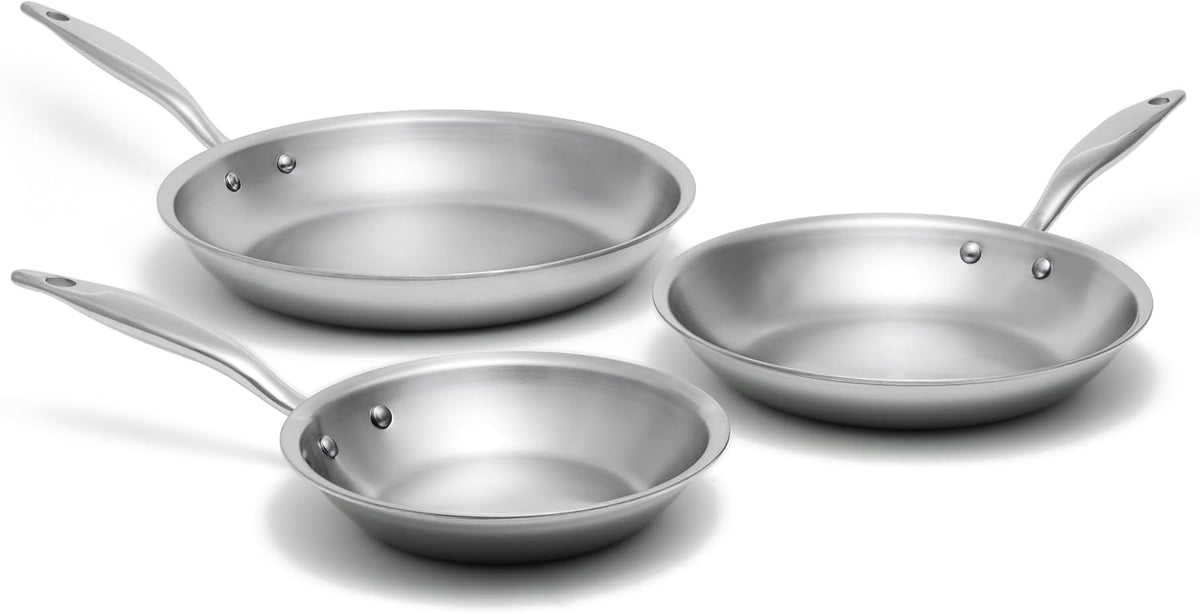 Heritage Steel 3 Piece Fry Pan Set | Made In USA | Titanium Series | 316Ti Skillet with Stay Cool Handle | Fully Clad Stainless Steel Pan with 5-Ply Construction | Induction Ready & Non Toxic
