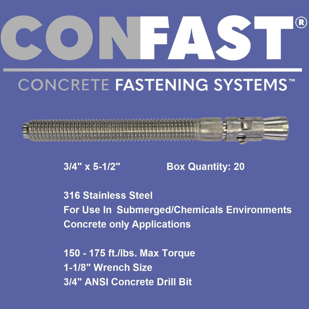 CONFAST 3/4' x 5-1/2' 316 Stainless Steel Wedge Anchor (20 per Box)