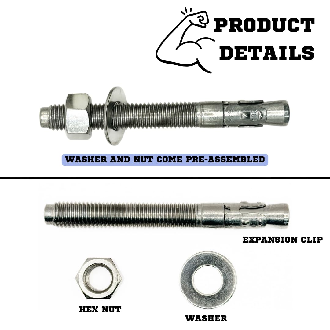Mighty Fasteners Wedge Anchors – Heavy-Duty 304 Stainless Steel Expansion Bolts for Concrete & Masonry, Rust-Resistant & Durable - 5/8' X 5-1/2' - 25 Pack