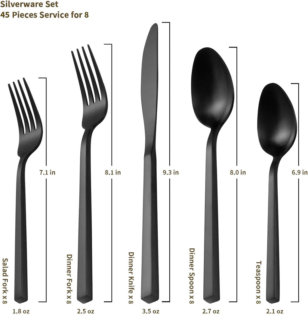 Alata Cube 45-Piece Forged Stainless Steel Flatware Set Cutlery Set with Utensil-Serving Set, Silverware Set Service for 8, Matte Satin Polished, Dishwasher Safe