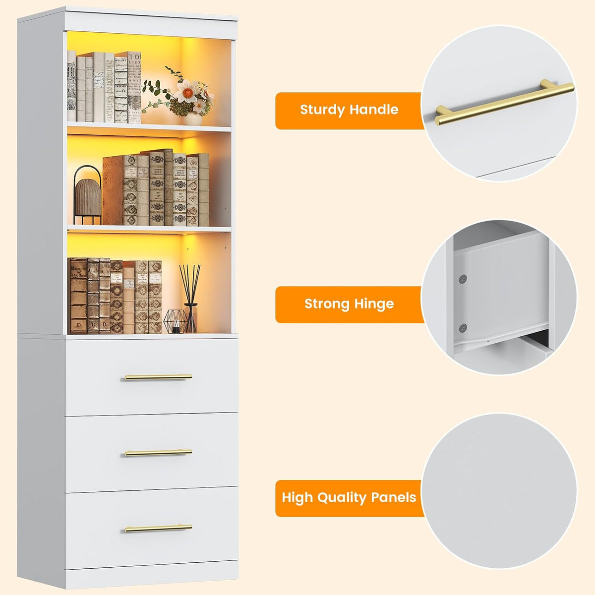 Winkalon 71'H White Bookshelf with LED Light, Bookcase and Bookshelf with Drawers, Tall Bookcase Tall Storage Cabinet 3-Tier Open Shelves for Home Office Living Room Hallway, 13.8'D x 23.6'W x 70.9'H