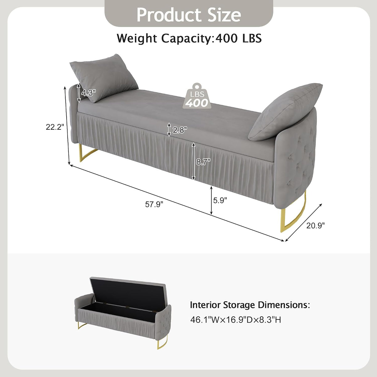 2-Pieces Bedroom Sets, Queen Size Tufted Velvet Upholstered Platform Bed with Storage Ottoman Bench for Kids Teens Adult Bedroom, Wood Slat Support, No Box Spring Needed (Gray-20c)