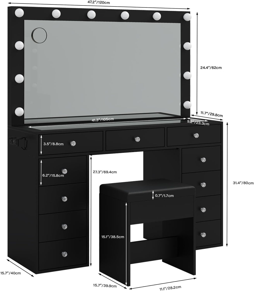 Yanosaku Vanity Desk & Power Outl, Makeup Table with Mirror and 12 LED Lights, Makeup Table with 11 Drawers, 3 Lighting Modes Brightness Adjustable(Black)