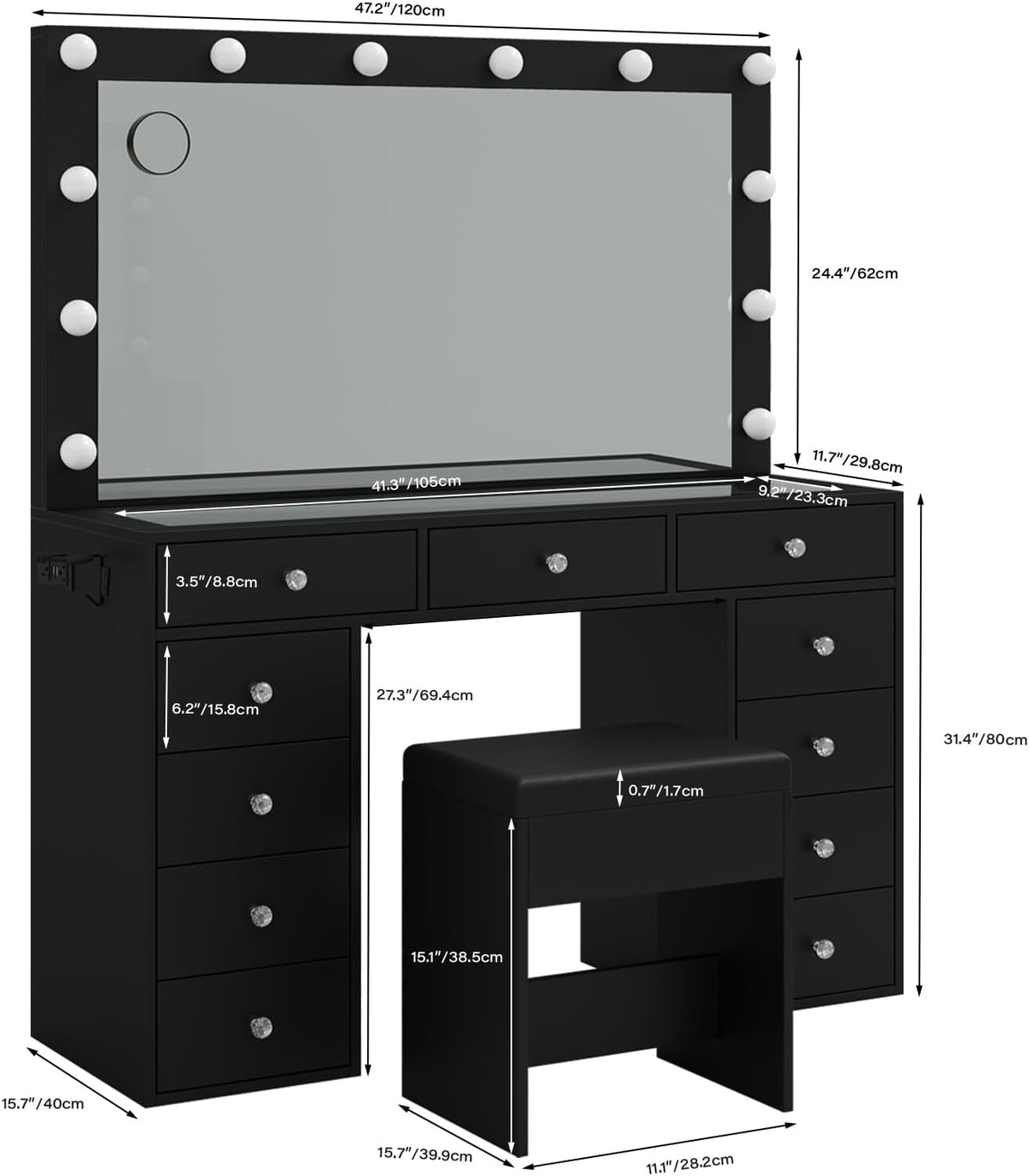 Yanosaku Vanity Desk & Power Outl, Makeup Table with Mirror and 12 LED Lights, Makeup Table with 11 Drawers, 3 Lighting Modes Brightness Adjustable(Black)