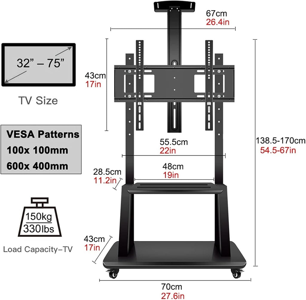 Mobile TV Cart with Wheels for 32-75 Inch, Heavy Duty Universal Floor TV Stand Height Adjustable with 3 Storage Shelf, Loads 300Lbs Beautiful Scenery
