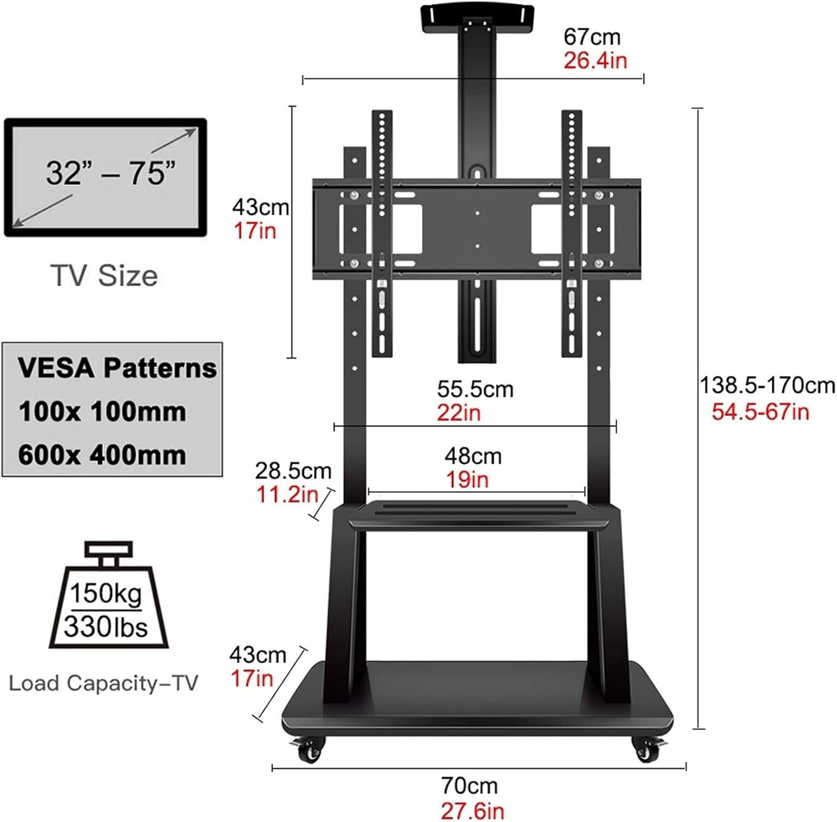 Mobile TV Cart with Wheels for 32-75 Inch, Heavy Duty Universal Floor TV Stand Height Adjustable with 3 Storage Shelf, Loads 300Lbs Beautiful Scenery