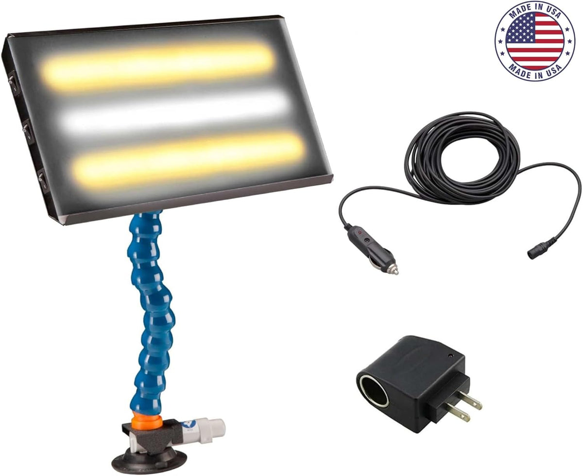 Portable LED Light for Paintless Dent Repair – 13' Panel with Warm/Cool/Warm LED Strips – 12V with 110V Converter, Suction Base, 20ft Power Cord & Car Plug – Dent Magic PDR Tools