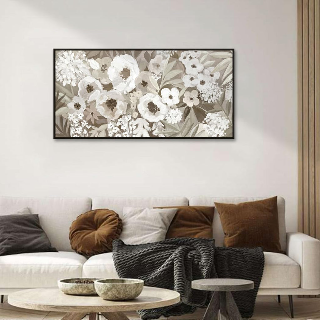Framed Floral Canvas Wall Art, Gray and White Poppy Flowers Artwork for Boho Living Room Bedroom Office Decor, 24 x 48 Inch