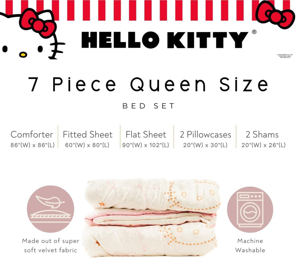 Lux Hello Kitty Velvet Bedding 7 Piece Super Soft Cozy Reversible Comforter and Sheet Set with Sham & Tote Bag, Queen, (Officially Licensed Product) by Franco