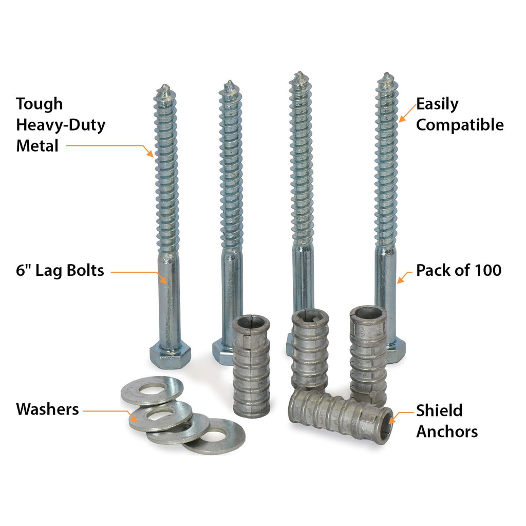 SmartSign Concrete Anchors Hardware Installation Kit for Parking Curb, Wheel Stop, Speed Bump - 6' Lag Bolts Screws, Lag Shield Anchors and Washers per Set (25 Sets Per Pack (100 Bolts/Pack))