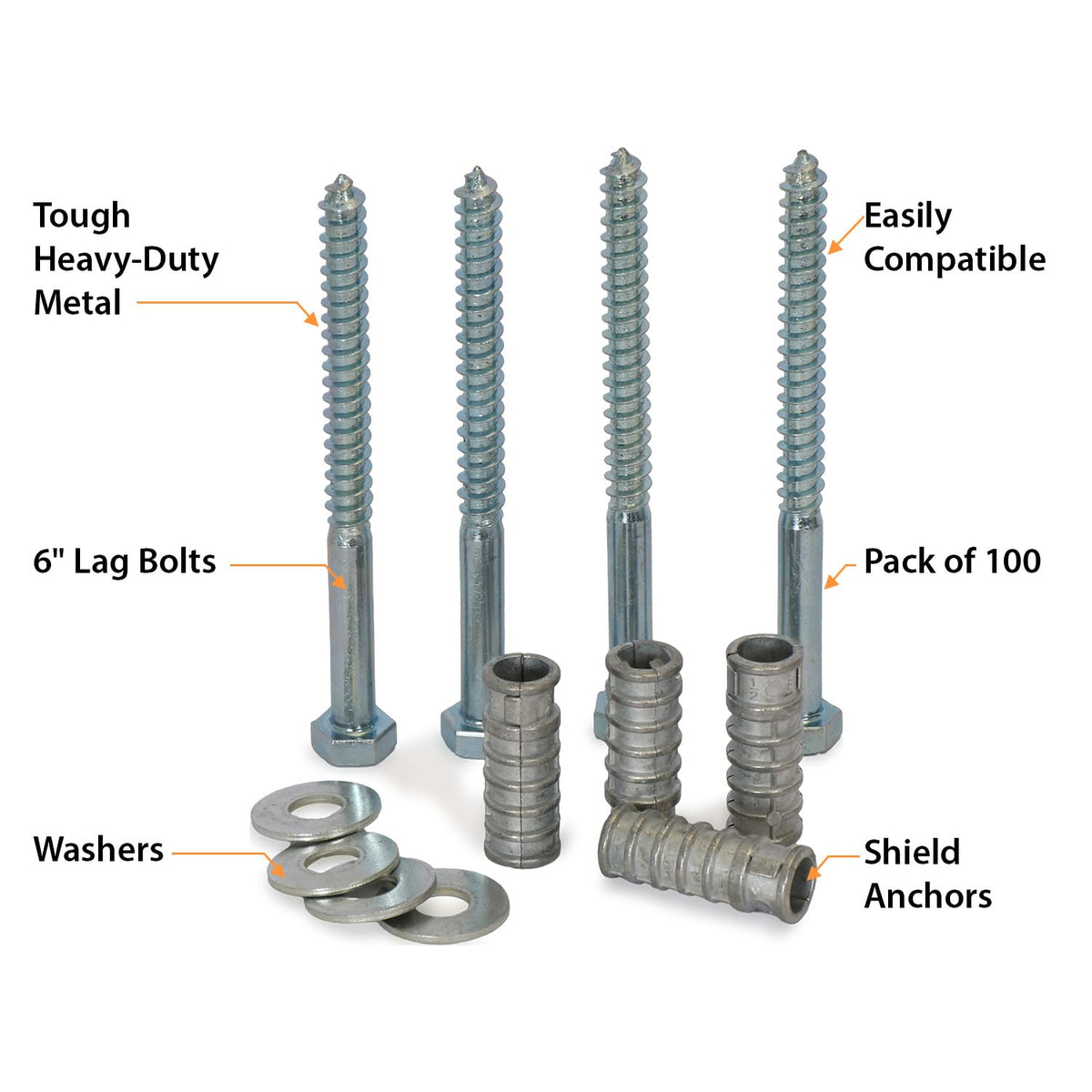 SmartSign Concrete Anchors Hardware Installation Kit for Parking Curb, Wheel Stop, Speed Bump - 6' Lag Bolts Screws, Lag Shield Anchors and Washers per Set (25 Sets Per Pack (100 Bolts/Pack))