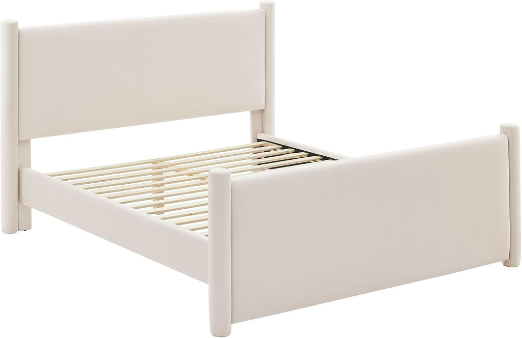 Modway Rael Queen Platform Bed Frame with Upholstered Headboard and Footboard in Alabaster – Stain-Resistant Performance Velvet Queen Size Bed with Rounded Posts