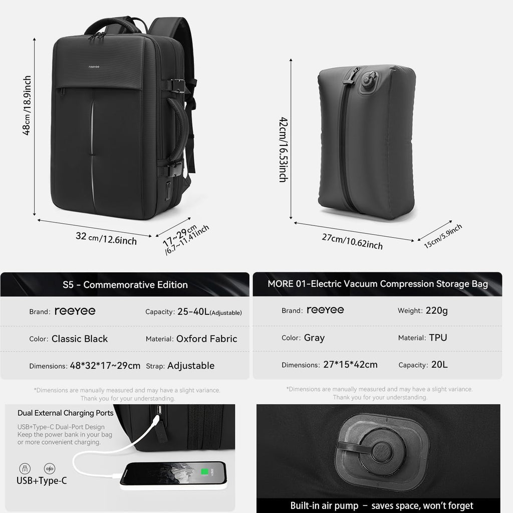 reeyee 18 Inch Large Laptop Backpack with Built-in Electric Vacuum Compression Bag, Expandable 25L-60L Travel Backpack for Men, No Pump Needed, Water Resistant Business Work Bag with USB/Type-C