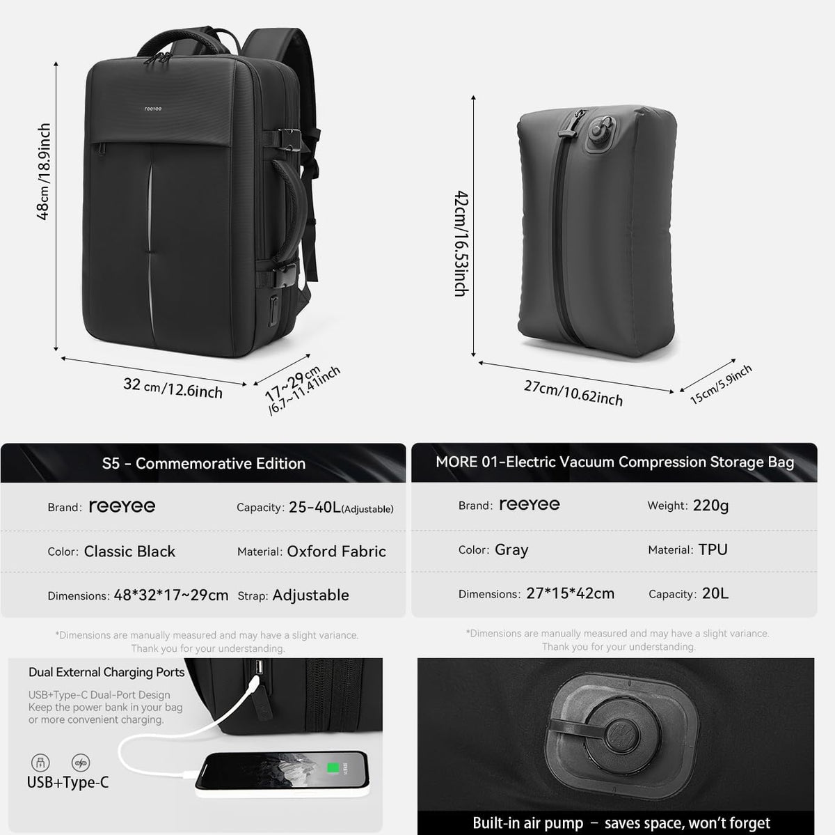 reeyee 18 Inch Large Laptop Backpack with Built-in Electric Vacuum Compression Bag, Expandable 25L-60L Travel Backpack for Men, No Pump Needed, Water Resistant Business Work Bag with USB/Type-C