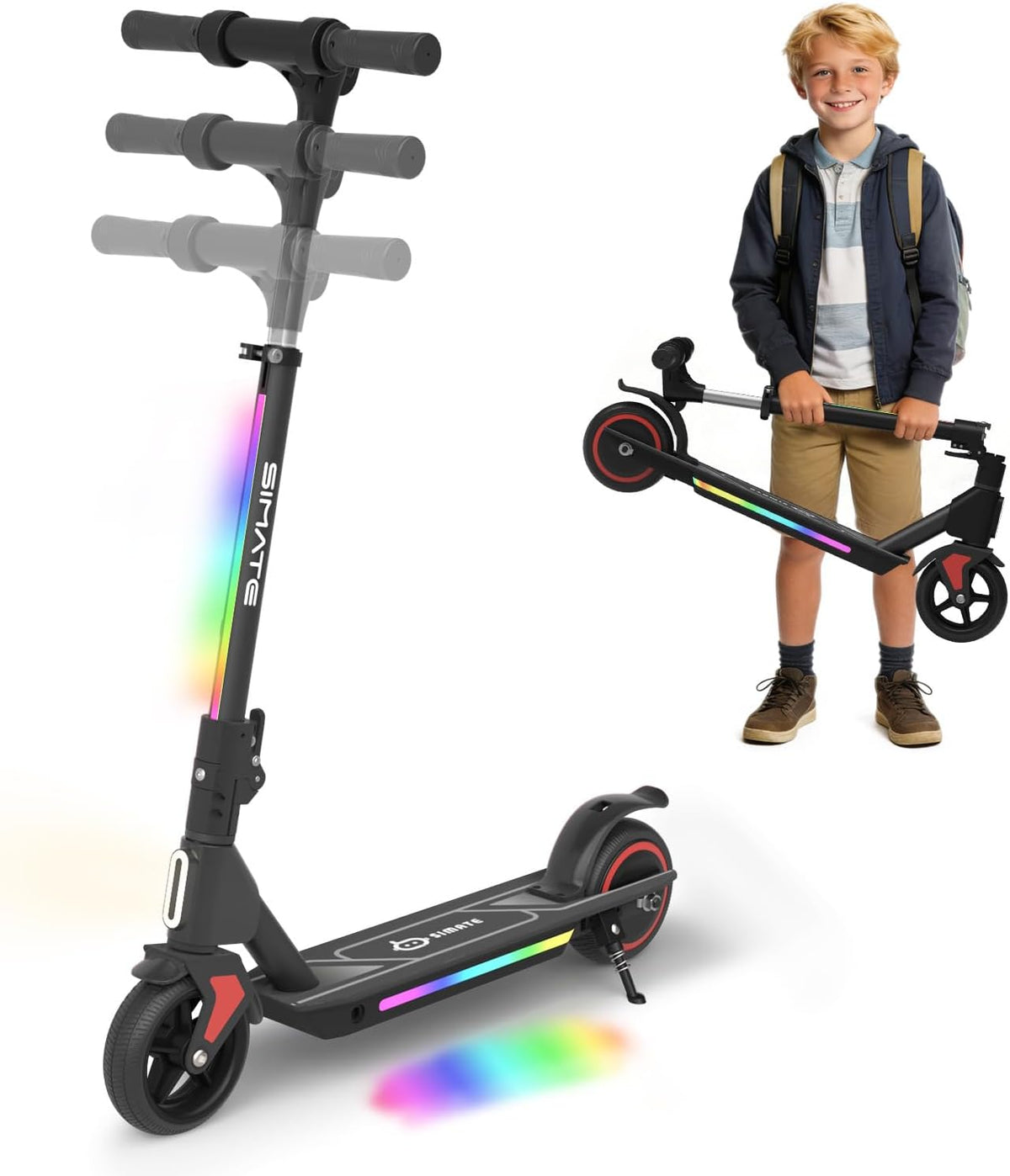 SIMATE Electric Scooter for Kids Ages 6-14, 3 Adjustable Heights 34'/37'/39', LED Display & Colorful Lights, Foldable Kids Electric Scooter, 8.7 MPH Safe Speed, Gifts for Boys Girls