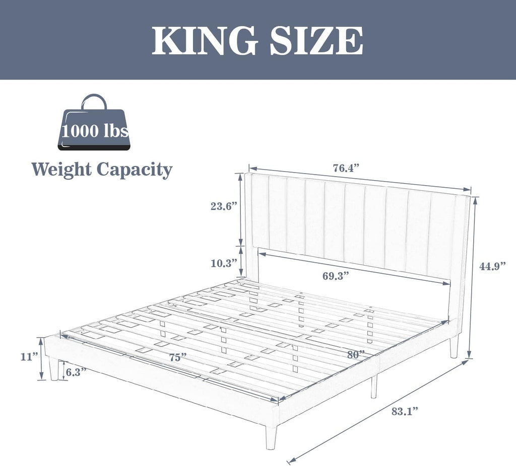 Allewie King Platform Bed Frame/Velvet Upholstered Bed Frame with Vertical Channel Tufted Headboard/Strong Wooden Slats/Mattress Foundation/Box Spring Optional/Easy Assembly/Navy Blue