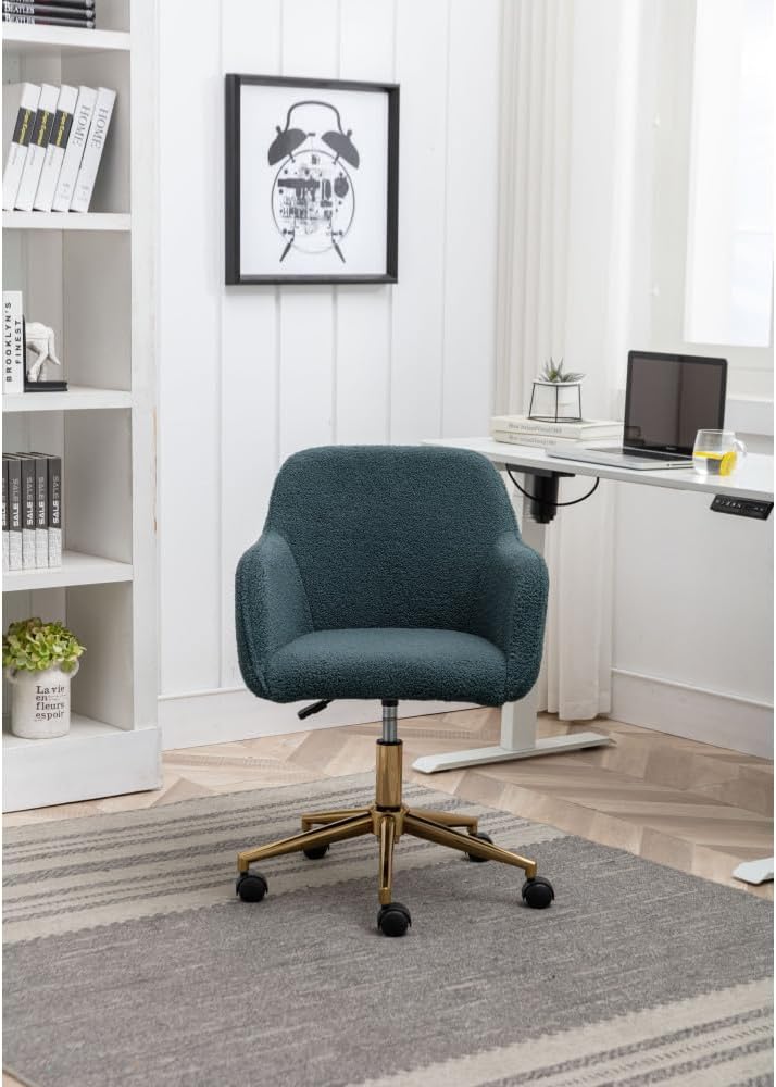 Plush Teddy Fabric Ergonomic Office Chair with Adjustable Height, 360-Degree Swivel Base, and Smooth-Rolling Casters for Home or Workspace (Green + Wool + Foam)