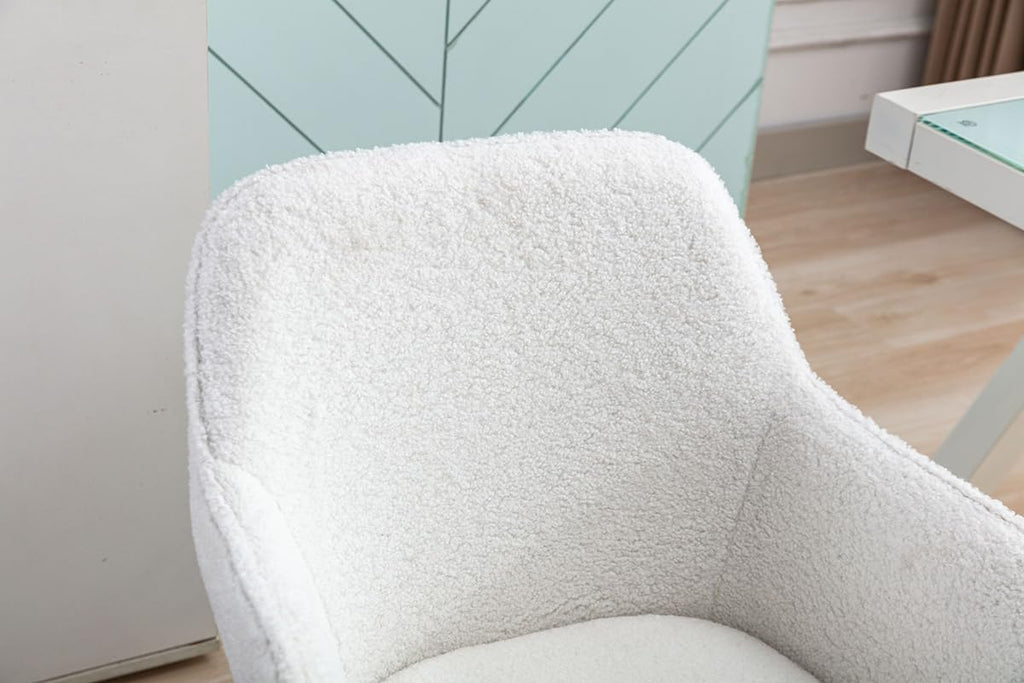 White Teddy Fabric Home Office Chair - Adjustable Height 360° Revolving, Gold Metal Legs & Universal Wheels