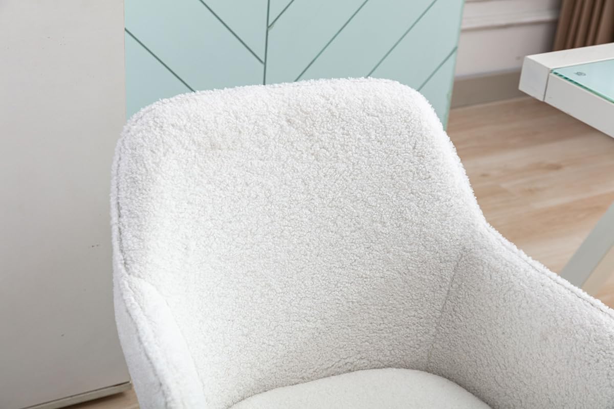 White Teddy Fabric Home Office Chair - Adjustable Height 360° Revolving, Gold Metal Legs & Universal Wheels