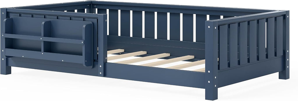 Bellemave Twin Floor Bed with Rails and Slats, Twin Size Montessori Floor Bed with Bookshelf and Fence, Easy Assemble Montessori Beds Frame for Girls, Boys, Blue