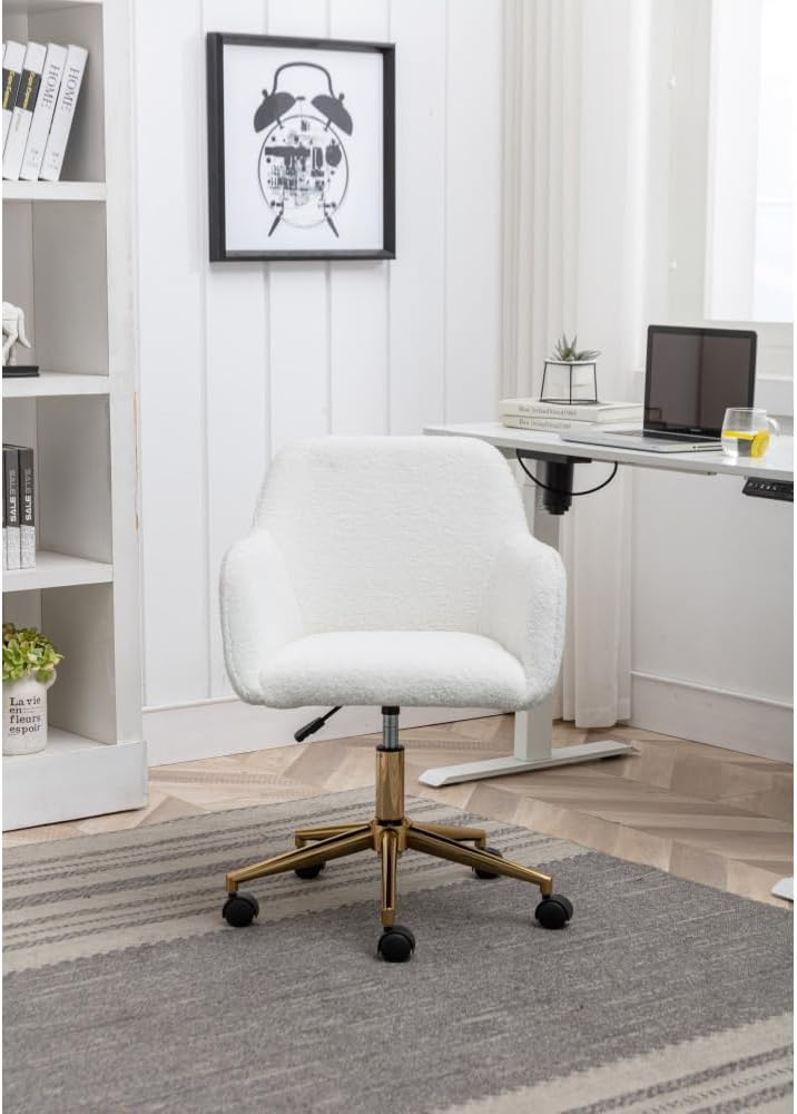 Plush Teddy Fabric Ergonomic Office Chair with Adjustable Height, 360-Degree Swivel Base, and Smooth-Rolling Casters for Home or Workspace (White Teddy + Wool + Foam)