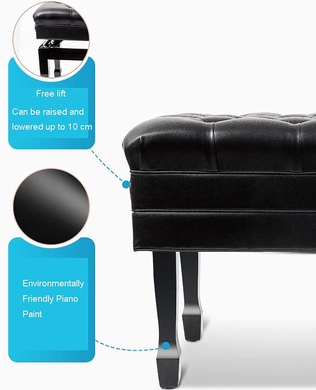 Faux Leather Piano Stool Deluxe Pu Leather Piano Bench,Auto Lift Duet Piano Stool with Large Storage Box,Keyboard Bench Vanity Stool,84 X 47 X 49-59Cm,Black