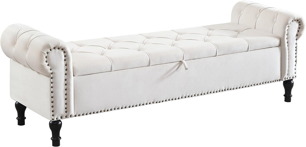 Velvet Storage Bench 67 Inch Upholstered Tufted Ottoman Bench with Arms Large Storage Space King Size End of Bed Benches for Bedroom Living Room Entryway Beige