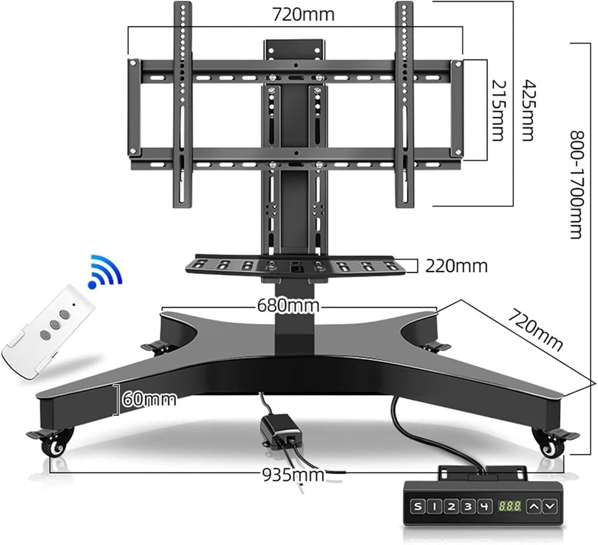 Motorized TV Floor Stand - Mobile TV Cart with Wheels, with Remote Control Intelligent Electric Lifting Stand, Telescopic Electric Lift TV Stand with Auto Lifting, Dual Mode Control