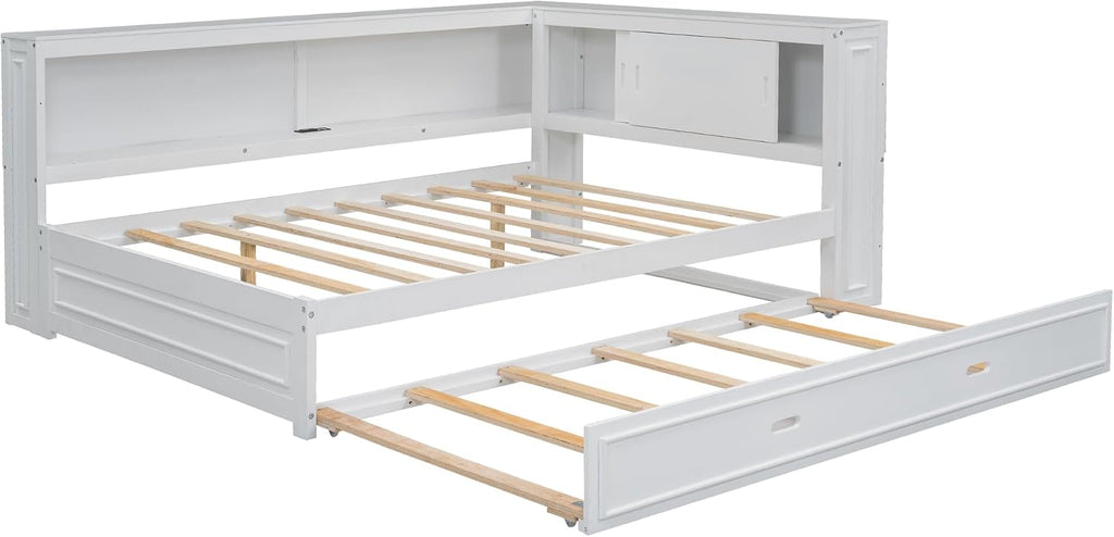 SOFTSEA Full Size Daybed with Trundle and Storage, L-Shaped Corner Bed with Bookcase, LED Lights & USB Ports, Wood Day Bed Frame with Reversible Headboard for Kids Teens Adults, White