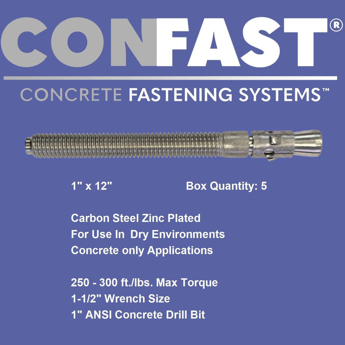 CONFAST 1' x 12' Wedge Anchor Zinc Plated (Box of 5)