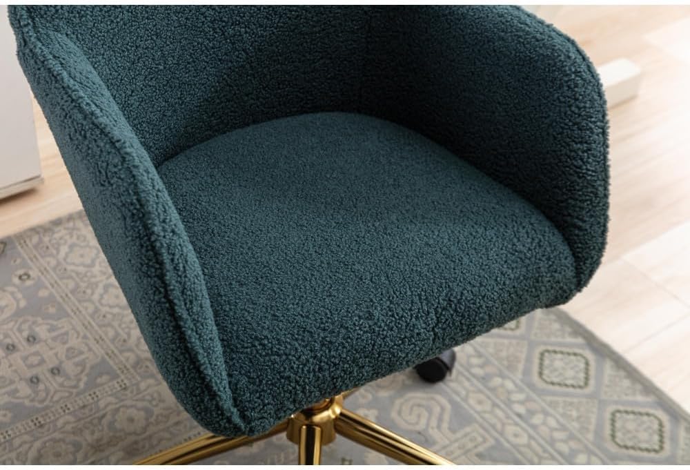 Plush Teddy Fabric Ergonomic Office Chair with Adjustable Height, 360-Degree Swivel Base, and Smooth-Rolling Casters for Home or Workspace (Green + Wool + Foam)