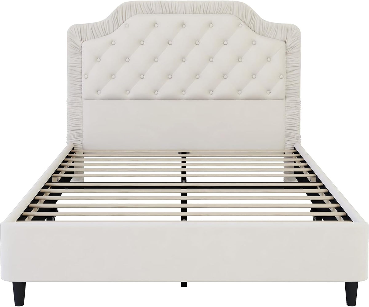 2-Pieces Bedroom Sets, Full Size Tufted Velvet Upholstered Platform Bed with Storage Ottoman Bench for Kids Teens Adult Bedroom, Wood Slat Support, No Box Spring Needed (White-2Z)