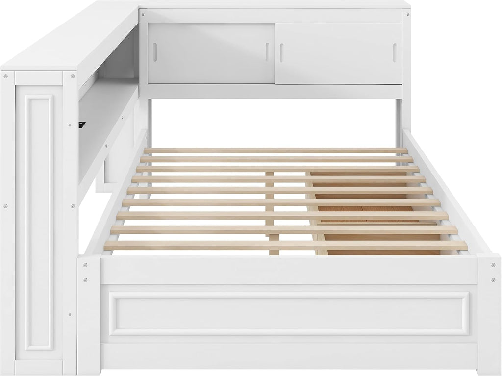 SOFTSEA Full Size Corner Bed with Drawers & Bookcase, L-Shaped Daybed with LED Lights & USB Ports, Wood Reversible Day Bed Frame with Storage Headboard for Kids Teens Bedroom, White