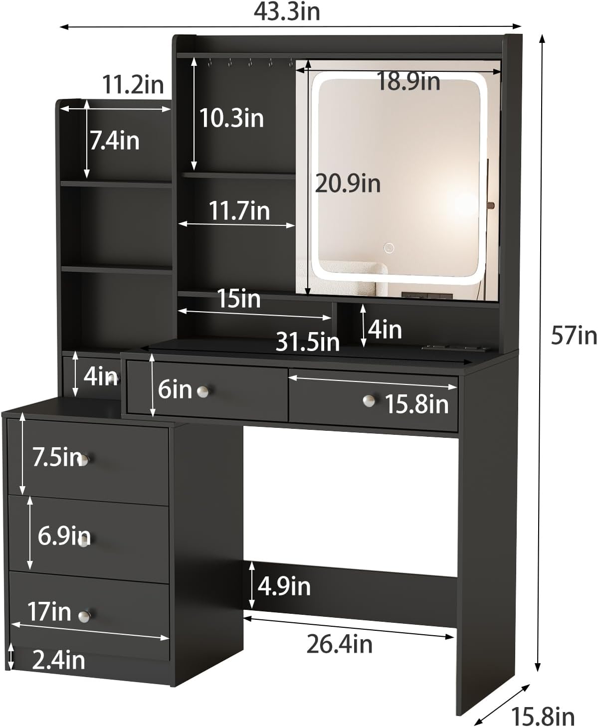Vabches Vanity Makeup Mirror Desk with Stool,Makeup Vanity Set with 6 Drawers and Shelves,Dressing Table with Power Strip, 3 Color Modes Available,Black