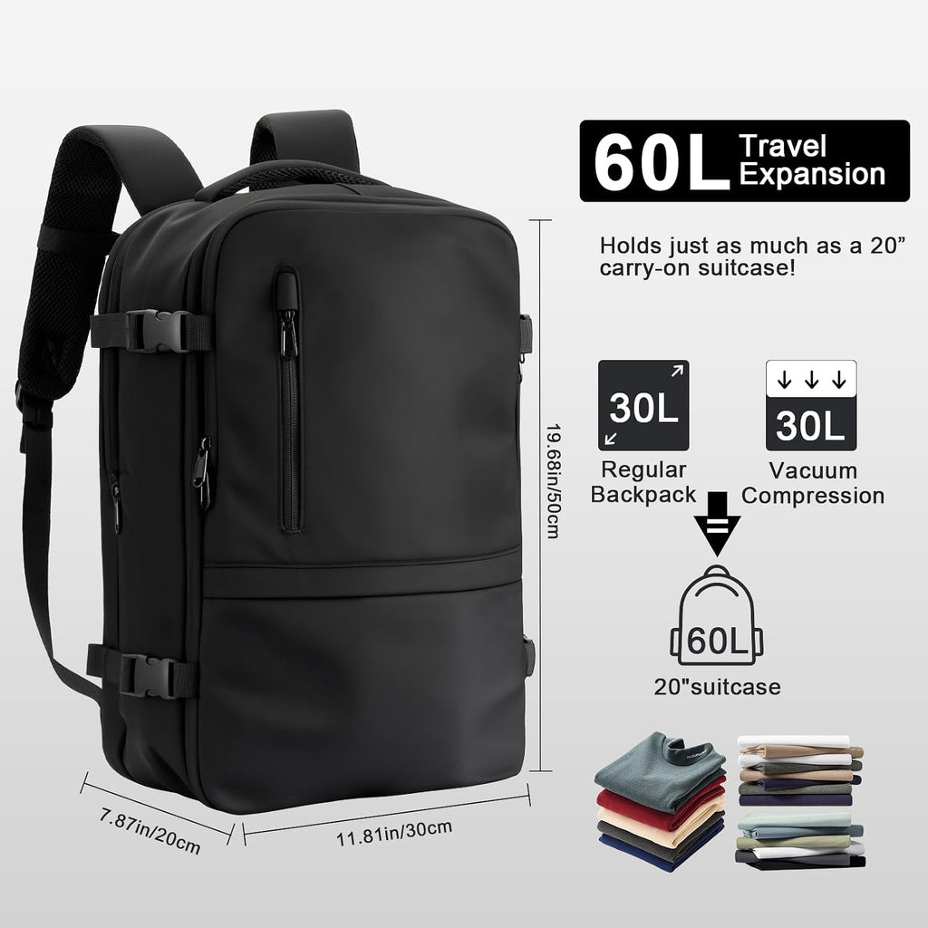 Vacuum Seal Travel Backpack 60L – Air Compression System, Water-Resistant Carry-On Backpack with TSA Lock, 17' Laptop Compartment, Vacuum Pump Included for Travel, Business - Black