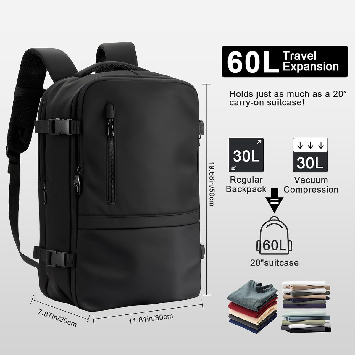 Vacuum Seal Travel Backpack 60L – Air Compression System, Water-Resistant Carry-On Backpack with TSA Lock, 17' Laptop Compartment, Vacuum Pump Included for Travel, Business - Black