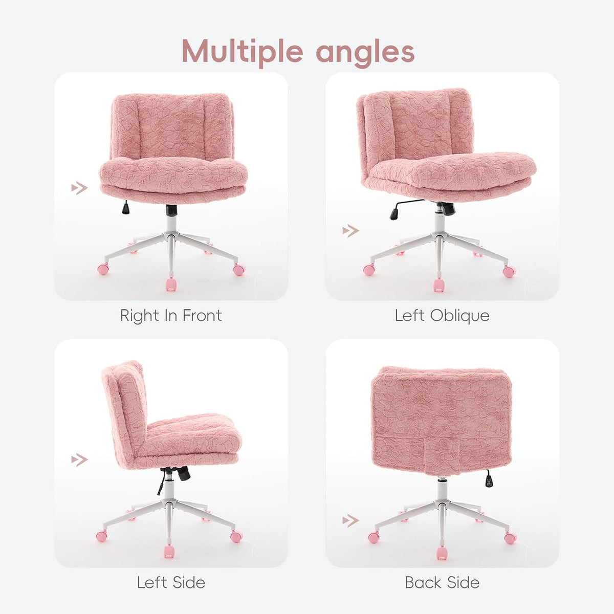 Upgraded Plush Faux Fur Criss Cross Office Vanity & Desk Chair with White Metal Base – Extra-Wide Seat & Tilt Backrest, Adjustable Swivel Makeup Chair for Bedroom, Study & Home Office, Pale Pink