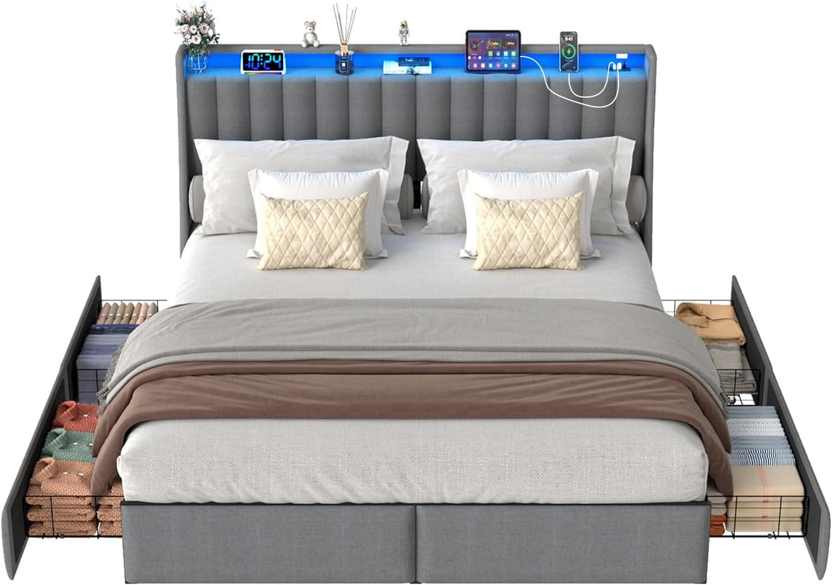 Doltoro Queen Size Bed Frame with Headboard and 4 Storage Drawers, Upholstered Wingback Metal Platform Bed with LED Lights and Charging Station, No Box Spring Needed, Noise Free, Easy Assembly, Gray