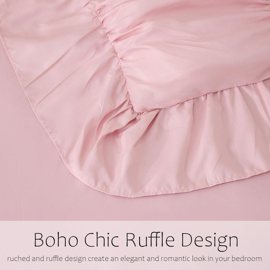 Herside Pink Ruffle Comforter Set King Size,9 PCS Ruched Bedding Bed-in-a-Bag Pleated Ruffle Bedding Set,Shabby Chic Boho Soft and Fluffy Comforter Vintage Bedding for All Season Home Decor | Ruffle Ruched