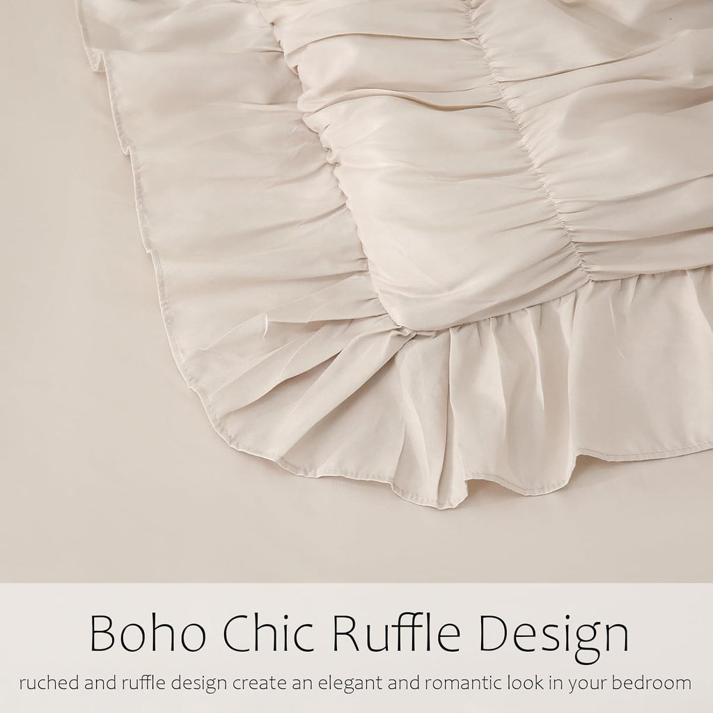 Herside Beige Comforter Set King Size,Ruched Boho Bedding 9-Piece Bed-in-a-Bag for All Seasons,Fluffy Farmhouse Ruffle Bedding Set with Comforter, Flat Sheet, Fitted Sheet, Pillow Shams, Pillowcases