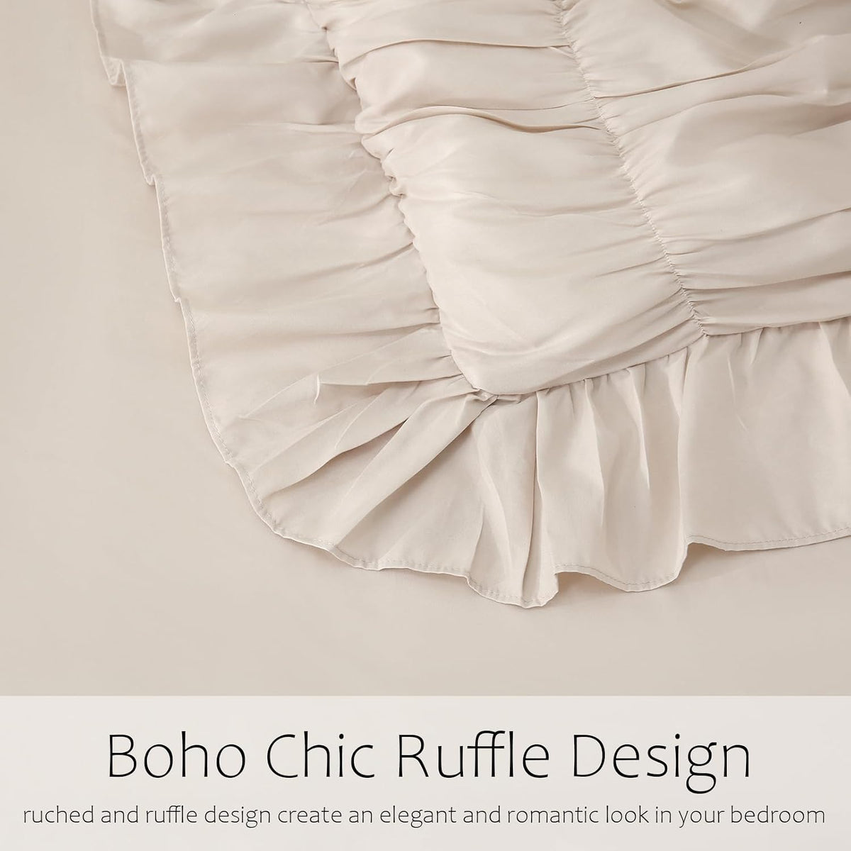 Herside Beige Comforter Set King Size,Ruched Boho Bedding 9-Piece Bed-in-a-Bag for All Seasons,Fluffy Farmhouse Ruffle Bedding Set with Comforter, Flat Sheet, Fitted Sheet, Pillow Shams, Pillowcases