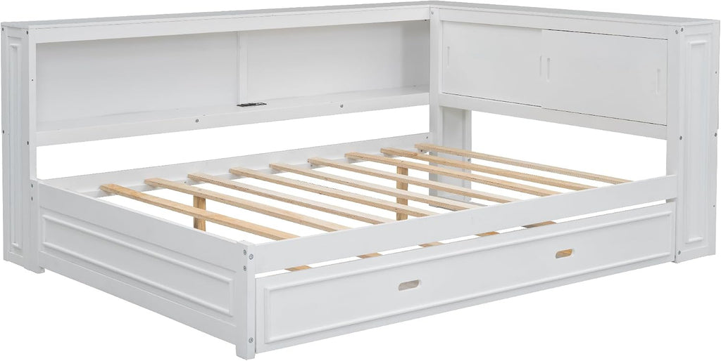 SOFTSEA Full Size Daybed with Trundle and Storage, L-Shaped Corner Bed with Bookcase, LED Lights & USB Ports, Wood Day Bed Frame with Reversible Headboard for Kids Teens Adults, White